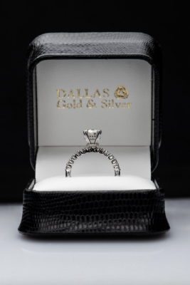 Engagement ring in a box with a hidden halo from Dallas Gold & Silver Exchange